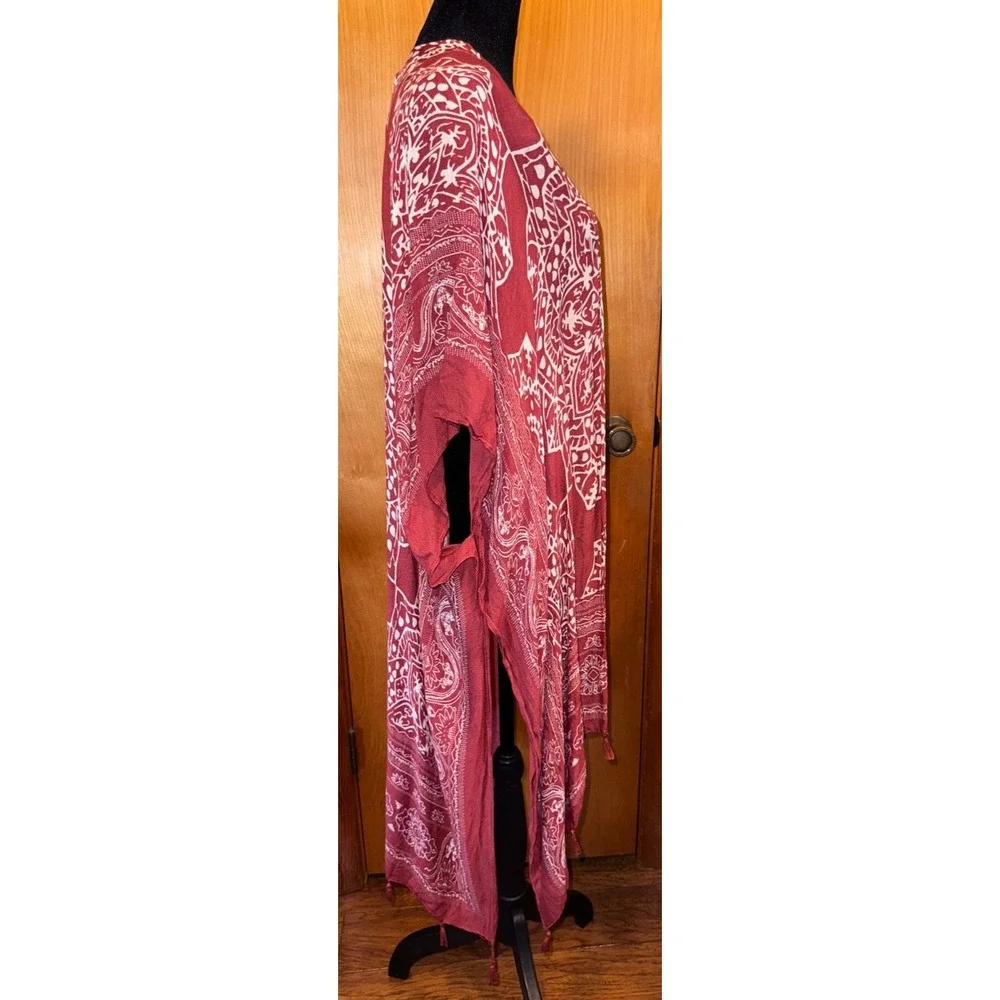 Woven Heart Boho Dark Red Mandala Tassel Trim‎ Kimono Cardigan One Size